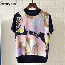 Load image into Gallery viewer, Svoryxiu 2020 Designer Silk Flower Print Patchwork Knitting Tees Tops Women&#39;s Fashion Short Sleeve Summer T Shirts Female
