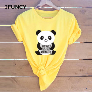 JFUNCY Plus Size Women Tshirts Cute Panda Summer 100% Cotton T-shirts Women Casual Tshirt Funny Harajuku Graphic Tee Female Tops