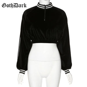 Goth Dark Black Gothic Grunge Tshirts Women Punk Hip Hop Crop Stripe Longsleeve Female T-shirts Egirl Y2K Emo Winter Aesthetic