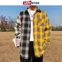 Load image into Gallery viewer, LAPPSTER Men Oversized Cotton Plaid Shirt 2020 Man Hip Hop Patchwork Button Up Long Sleeve Shirt Couple Korean Harajuku Clothing
