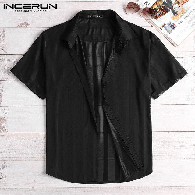 INCERUN Fashion Striped Sexy Shirt Men Transparent Short Sleeve Button Up Tops See Through Party Nightclub Men Shirts 2020 S-5XL