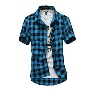 New Men's Shirts Short Sleeve Plaid Button-Down Summer Casual Tops Tee Mens Rugby Classic Shirts Clothing Hot M-3XL