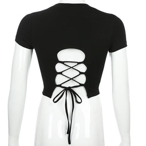 Goth Dark Vintage Gothic Solid T-shirts Women Harajuku Spring 2020 Aesthetic Backless Bandage Grugne Punk Egirl Emo Y2K T-shirt