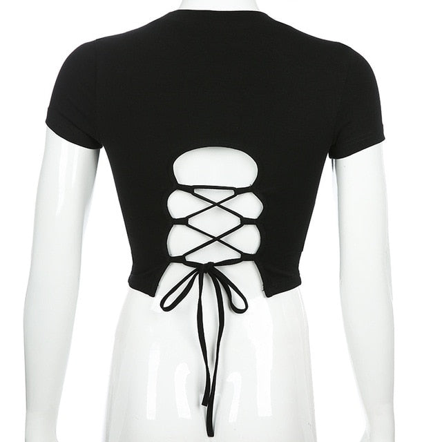 Goth Dark Vintage Gothic Solid T-shirts Women Harajuku Spring 2020 Aesthetic Backless Bandage Grugne Punk Egirl Emo Y2K T-shirt