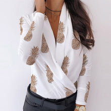 Load image into Gallery viewer, Women Ruched Deep V-neck Pineapple Shirt Autumn Patchwork Long Sleeve Streetwear Blouse Fashion Spring Shirts Ladies Office Tops
