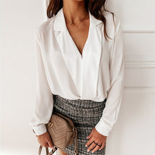 Load image into Gallery viewer, Women Ruched Deep V-neck Pineapple Shirt Autumn Patchwork Long Sleeve Streetwear Blouse Fashion Spring Shirts Ladies Office Tops
