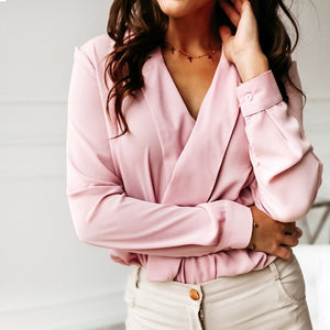 Women Ruched Deep V-neck Pineapple Shirt Autumn Patchwork Long Sleeve Streetwear Blouse Fashion Spring Shirts Ladies Office Tops