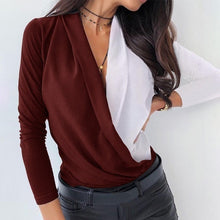 Load image into Gallery viewer, Women Ruched Deep V-neck Pineapple Shirt Autumn Patchwork Long Sleeve Streetwear Blouse Fashion Spring Shirts Ladies Office Tops
