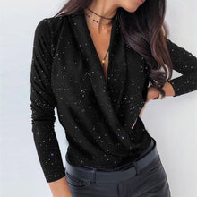 Load image into Gallery viewer, Women Ruched Deep V-neck Pineapple Shirt Autumn Patchwork Long Sleeve Streetwear Blouse Fashion Spring Shirts Ladies Office Tops
