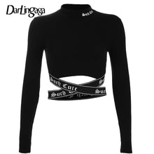 Load image into Gallery viewer, Darlingaga Streetwear Cotton Black Long Sleeve T shirt Women Tops Ribbon Patchwork Letter T-shirt Crop Top Tee Criss-cross Sexy
