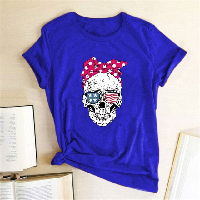 Hillbilly Funny Skull Punk T Shirt Women Fashion Casual Short Sleeve Sun Flowers Tshirts Chemise Femme Tops Mujer Verano 2019