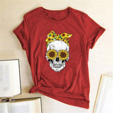 Load image into Gallery viewer, Hillbilly Funny Skull Punk T Shirt Women Fashion Casual Short Sleeve Sun Flowers Tshirts Chemise Femme Tops Mujer Verano 2019

