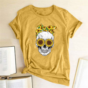 Hillbilly Funny Skull Punk T Shirt Women Fashion Casual Short Sleeve Sun Flowers Tshirts Chemise Femme Tops Mujer Verano 2019