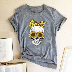 Hillbilly Funny Skull Punk T Shirt Women Fashion Casual Short Sleeve Sun Flowers Tshirts Chemise Femme Tops Mujer Verano 2019