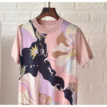 Load image into Gallery viewer, Svoryxiu 2020 Designer Silk Flower Print Patchwork Knitting Tees Tops Women&#39;s Fashion Short Sleeve Summer T Shirts Female
