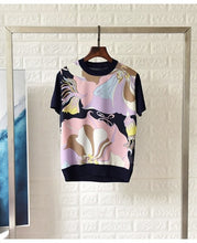 Load image into Gallery viewer, Svoryxiu 2020 Designer Silk Flower Print Patchwork Knitting Tees Tops Women&#39;s Fashion Short Sleeve Summer T Shirts Female
