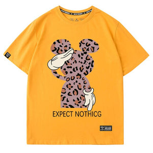 Disney Sweet Mickey Mouse Leopard Letter Cartoon Print O-Neck Pullover Short Sleeve T-Shirt Chic Fashion Women Tee Tops 6 Colors