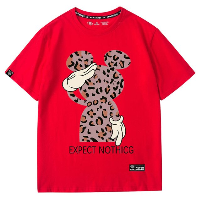 Disney Sweet Mickey Mouse Leopard Letter Cartoon Print O-Neck Pullover Short Sleeve T-Shirt Chic Fashion Women Tee Tops 6 Colors