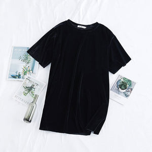 DIMANAF Summer Plus Size Women T-Shirts Loose Casual Lady Tops Tunic Tees Shirts Basic Solid Black Velvet Female Clothing 2020