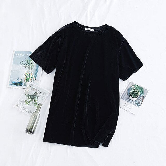 DIMANAF Summer Plus Size Women T-Shirts Loose Casual Lady Tops Tunic Tees Shirts Basic Solid Black Velvet Female Clothing 2020
