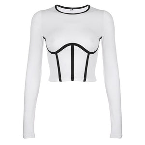 Waatfaak Round Neck Basic Tee Shirt Femme T-shirt Printed Casual White Contrast Black Long Sleeve Tshirt Women Clothes 2020 Tops