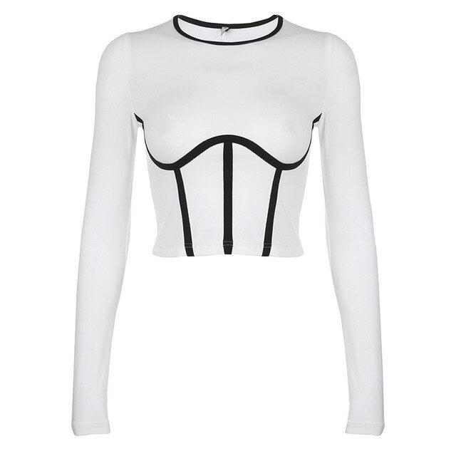 Waatfaak Round Neck Basic Tee Shirt Femme T-shirt Printed Casual White Contrast Black Long Sleeve Tshirt Women Clothes 2020 Tops